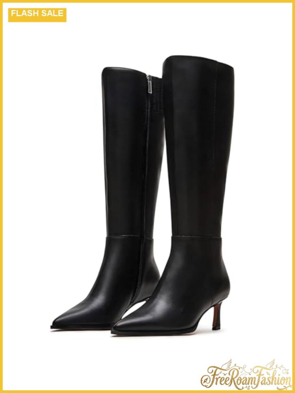 Kitten Heel Knee High Boots Pointed Toe Faux Leather Side Zipper Tall Dress Boot